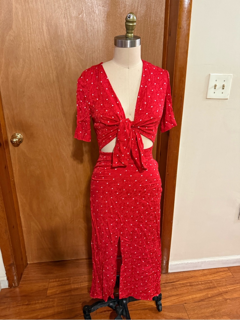 Maje Red Polka Dot Tie-Front Cutout Maxi Skirt